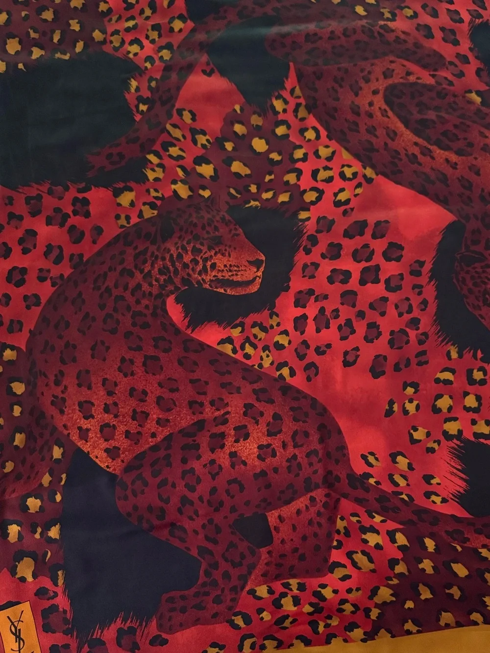 YSL Scarf. Vibrant Red Leopard Motif Silk Scarf